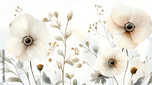Delicate white poppies blooming in a serene floral arrangement nature scene artwork