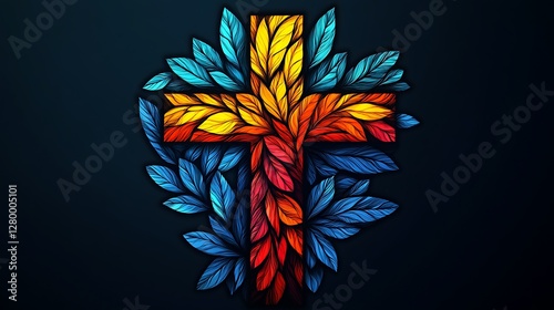 Colorful cross with leaves on dark background