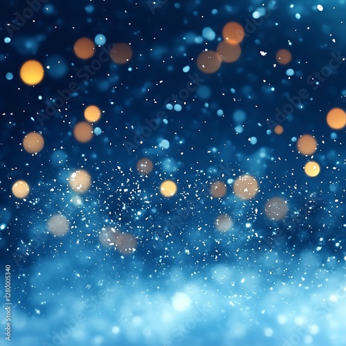 Blue winter bokeh, falling snow, night