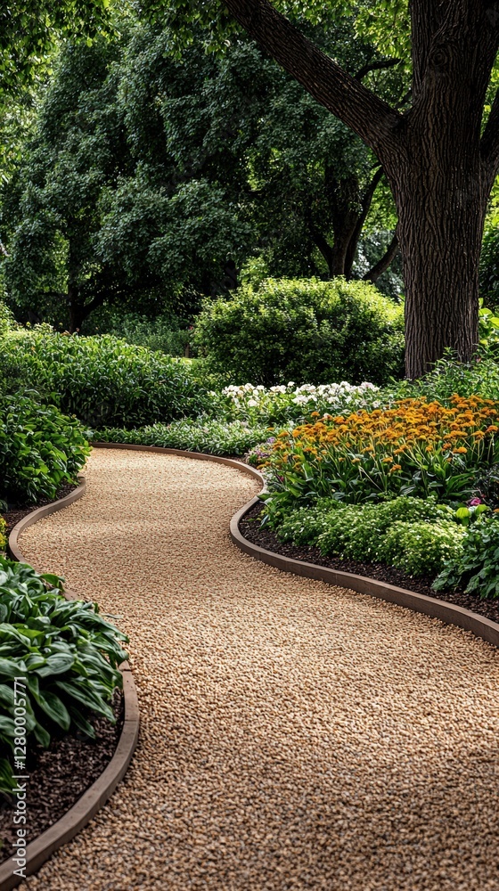 Fototapeta premium Winding garden path surrounded by vibrant greenery and flowers