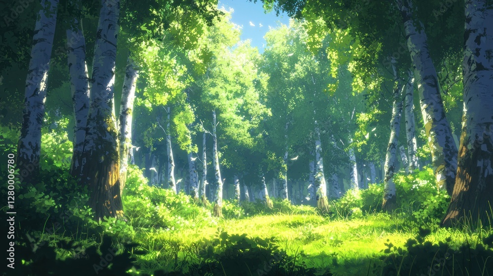 Obraz premium Sunlit birch forest path. (2)