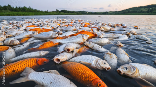 Environmental crisis. Dead fish floating on a lake, with some colorful koi among them.