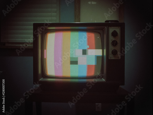 Retro tv screen with color bars and noise in dark room