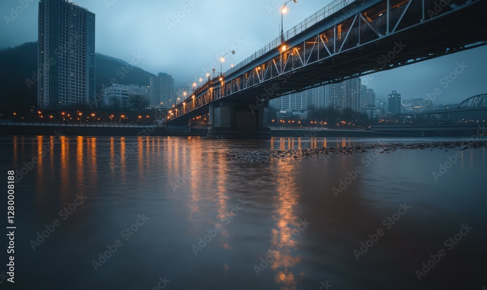 Moody Night Cityscape with Metal Bridge Reflection Moody Night Cityscape with Metal Bridge Reflection