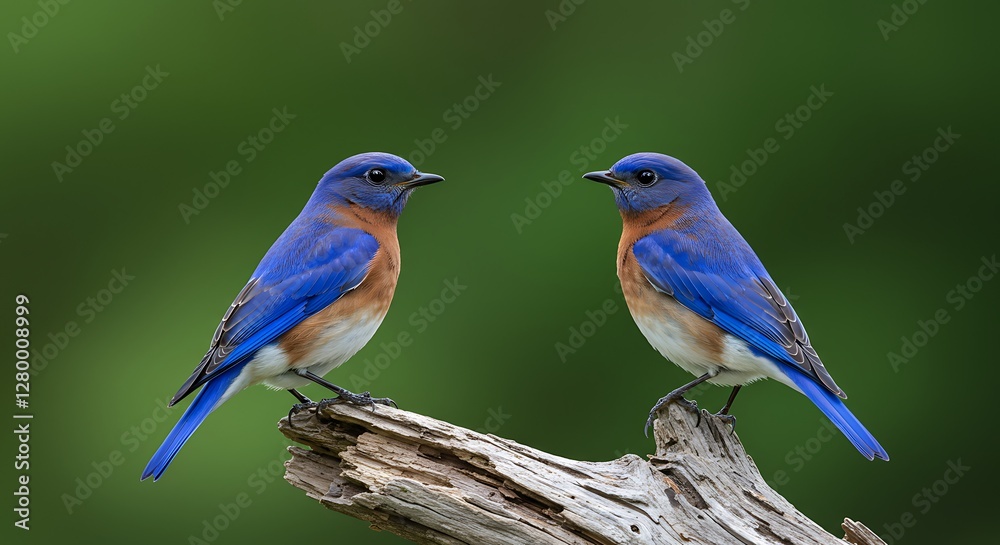 Two Eastern Bluebirds Perched on a Branch Against Green Background Two Eastern Bluebirds Perched on a Branch Against Green Background