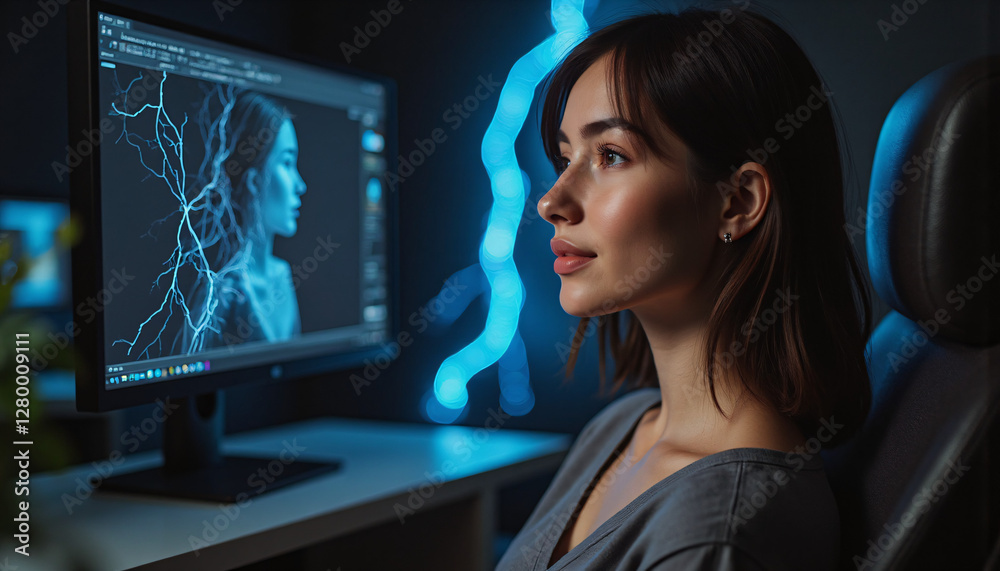 a woman looking at a computer screen. a woman looking at a computer screen.