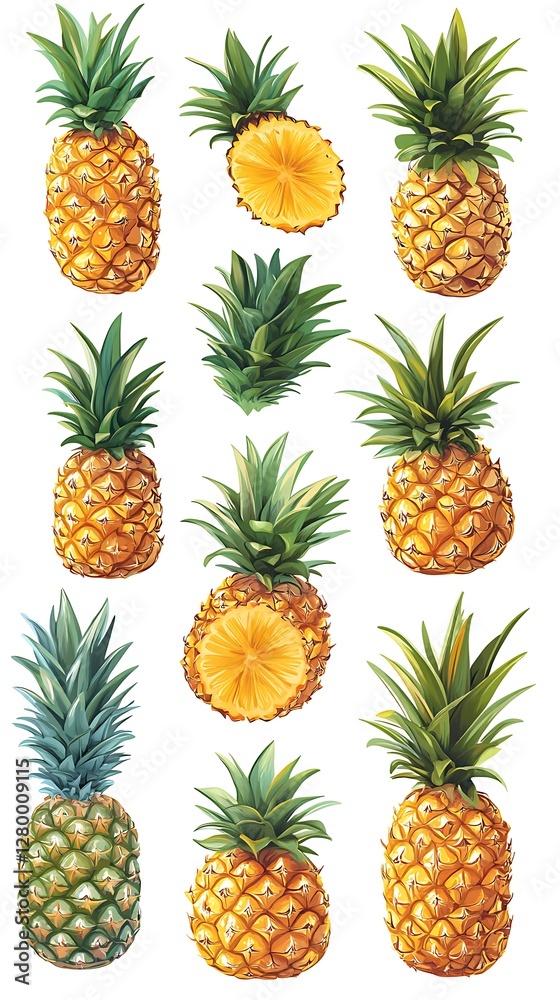 Collection of pineapples whole and sliced, isolated on white background Collection of pineapples whole and sliced, isolated on white background