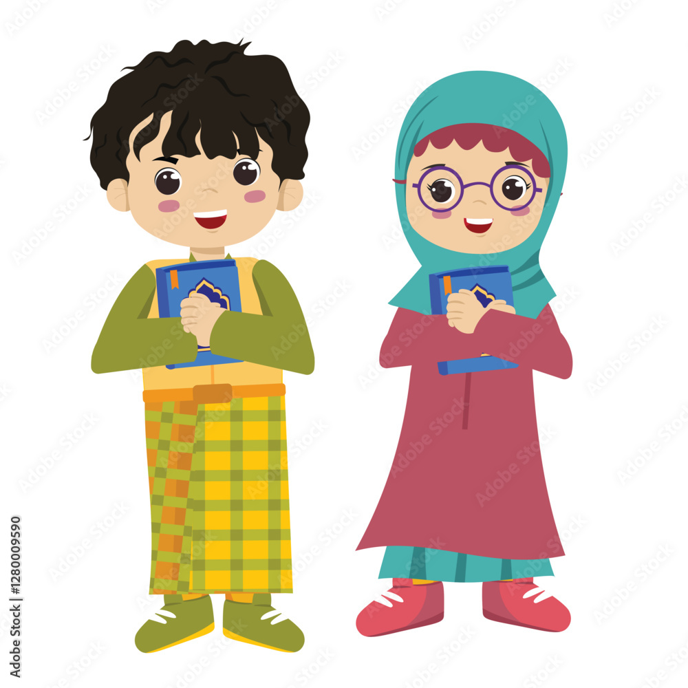 Muslim Kids Salman and Salma Holding Quran Flat Design Vector for Learning to Recite in Ramadan and Daily Life Muslim Kids Salman and Salma Holding Quran Flat Design Vector for Learning to Recite in Ramadan and Daily Life