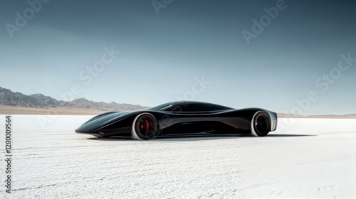 Drag racing car speeding across a dry salt flat in the midday sun. Featuring speed and isolation