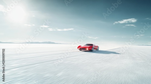 Drag racing car speeding across a dry salt flat in the midday sun. Featuring speed and isolation