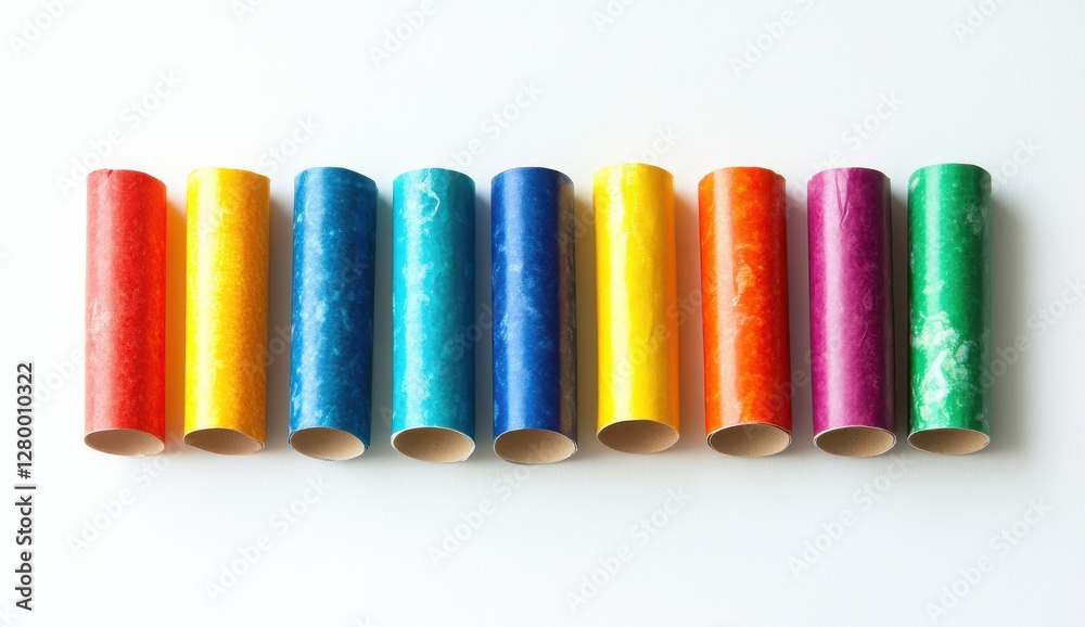 Colorful craft paper rolls arranged in a vibrant horizontal row on a white background showcasing creativity and artistic possibilities in various hues Colorful craft paper rolls arranged in a vibrant horizontal row on a white background showcasing creativity and artistic possibilities in various hues