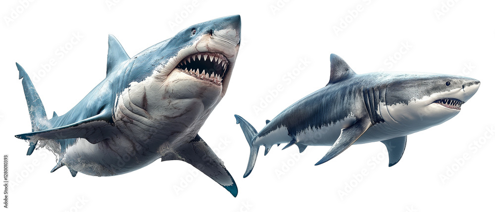 Fototapeta premium Two Great White Sharks In Dynamic Movement Isolated Against White or Transparent Background, PNG
