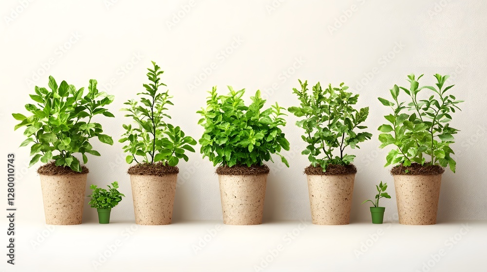 Diverse array of tree seedlings in biodegradable pots isolated on a clean white background Diverse array of tree seedlings in biodegradable pots isolated on a clean white background
