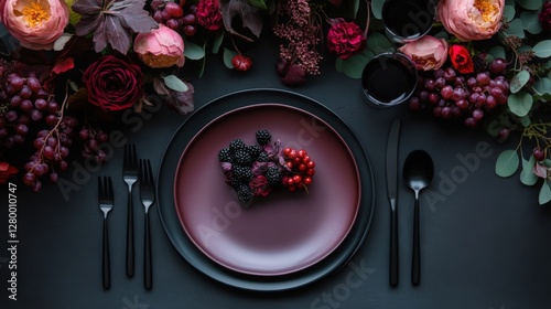 Elegant berry arrangement table setting food photography dark palette top view seasonal elegance