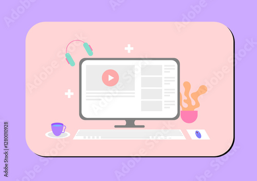 Colorful workspace illustration with computer, headphones, and plant icon