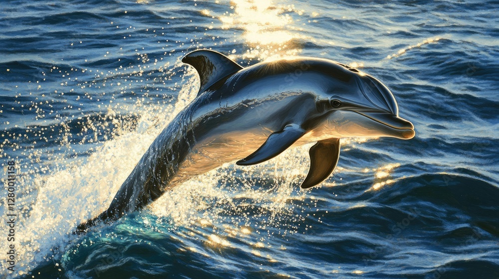 Fototapeta premium Dolphin Leaping at Sunset: A Majestic Ocean Moment