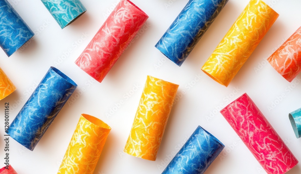 Fototapeta premium Colorful Cylindrical Paper Rolls Arranged on a White Surface with Intricate Patterns in Bright Hues of Red, Yellow, Blue, and Green
