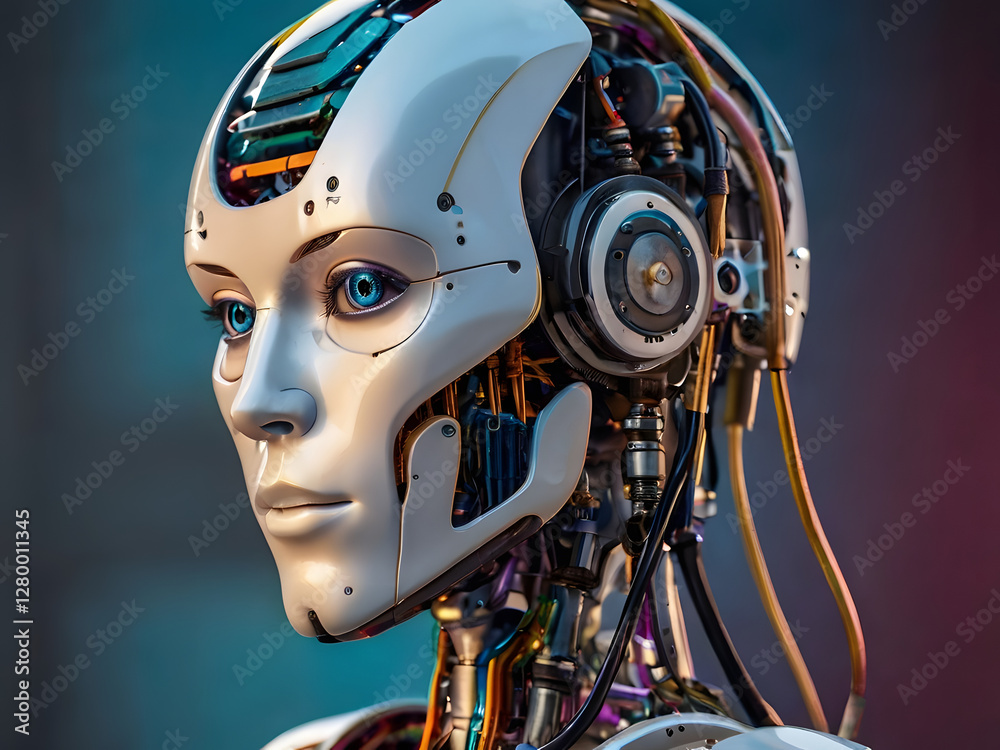 Fototapeta premium Ethereal Cyborg: A captivating cyborg gazes with serene expression. Detailed close-up reveals intricate internal components, blending artificial and human features.