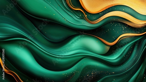 Abstract green and gold waves digital art vibrant colors modern design close-up view