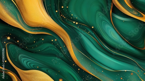 Contemporary aerial view of dynamic green and gold abstract waves