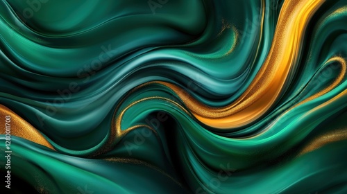 Dynamic green and gold wave patterns abstract art fluid background artistic design close-up view