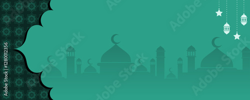 Serene Islamic Backdrop with Mosque Silhouettes and Lunar Celebration Elements