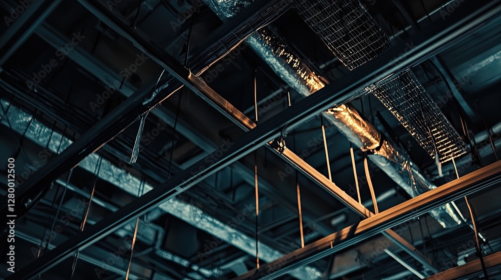 Industrial Ceiling with Exposed Ducts and Metal Framework in Low Light Industrial Ceiling with Exposed Ducts and Metal Framework in Low Light