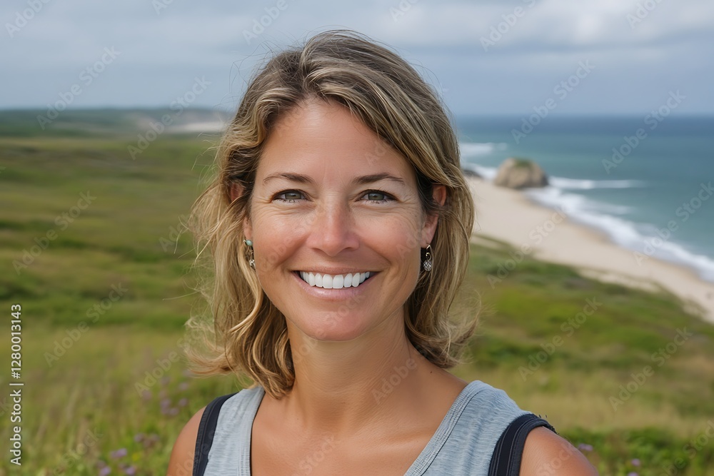 Smiling woman on coastal hilltop Smiling woman on coastal hilltop
