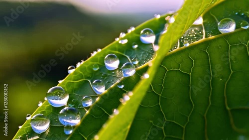Macro shot of morning dew on fresh green leaves, capturing the delicate details of nature s beauty