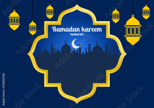 Elegant Ramadan Kareem Mubarak Illustration with Lanterns and Mosque Skyline
