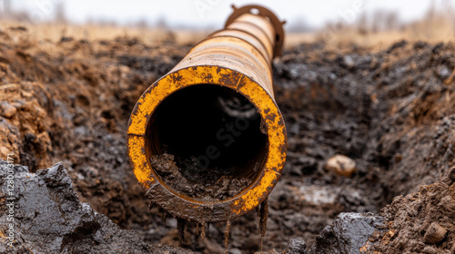 Wallpaper Mural Environmental crisis. Construction pipe emerging from muddy ground in an outdoor setting. Torontodigital.ca