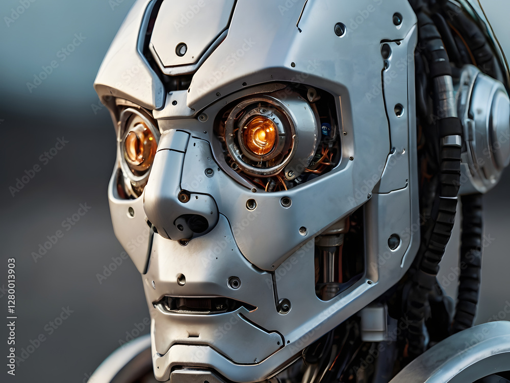 Cybernetic Gaze: An intricately designed robot head with a human-like face, featuring glowing eyes that emanate an aura of artificial intelligence, set against a blurred backdrop.