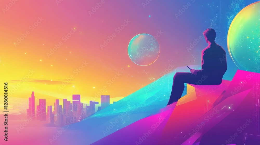 Obraz premium A silhouette of a person sitting on a vibrant mountain, overlooking a futuristic cityscape at sunset