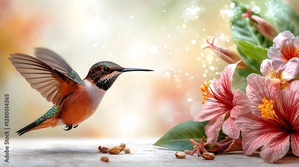 Fototapeta premium Stunning close up photograph of a hummingbird hovering near a vibrant colorful tropical flower in the lush verdant rainforest environment The bird s delicate features iridescent feathers