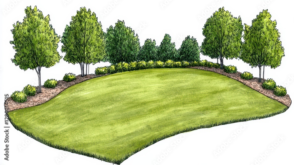 Fototapeta premium Green Lawn Surrounded by Trees and Shrubs Forming a Serene Outdoor Landscape