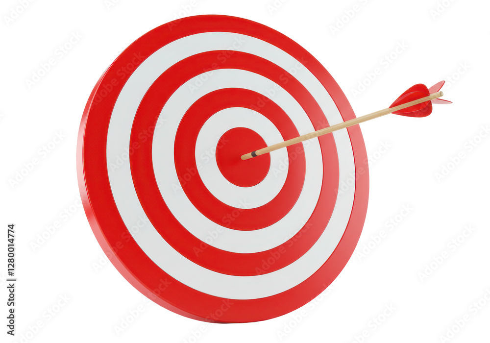 A red and white target with an arrow precisely hitting the center, isolated on a white background A red and white target with an arrow precisely hitting the center, isolated on a white background