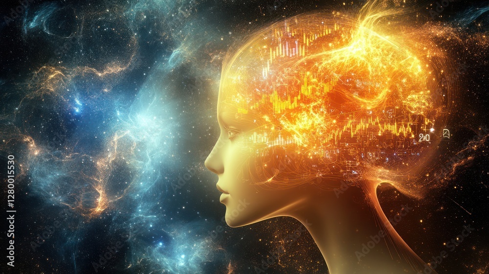 Cosmic Mind: A fiery nebula illuminates a head, showcasing the universe within thoughts. Data streams flow, symbolizing intellect and cosmic connection. Cosmic Mind: A fiery nebula illuminates a head, showcasing the universe within thoughts. Data streams flow, symbolizing intellect and cosmic connection.