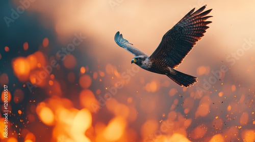 Falcon Diving Through Ash Clouds Above a Volcanic Landscape at Sunset