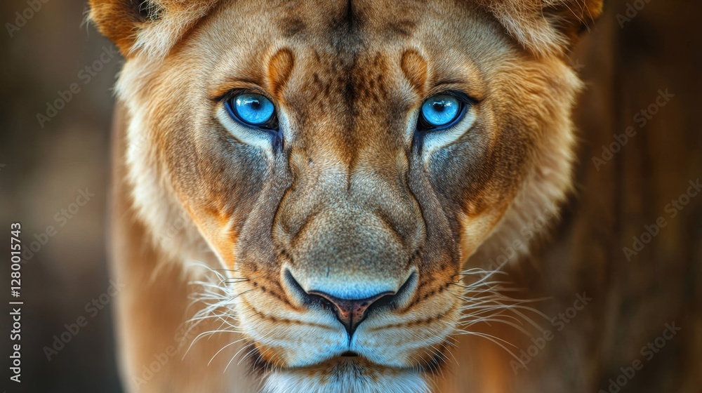 Fototapeta premium Intense Close-up Portrait of a Lioness with Striking Blue Eyes