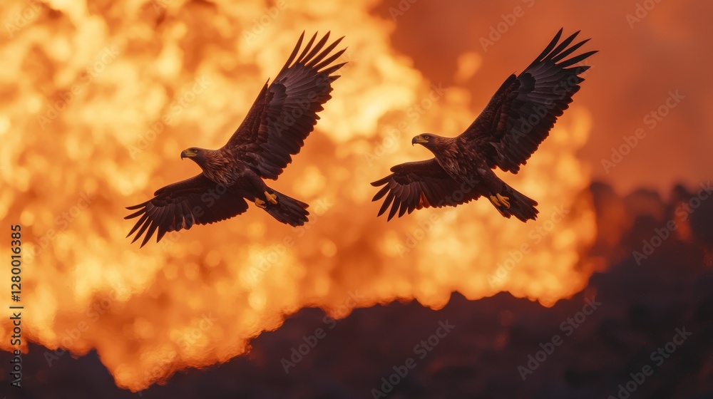 Fototapeta premium Eagles Battling in Mid-Air Over Fiery Background with Flame Eruption