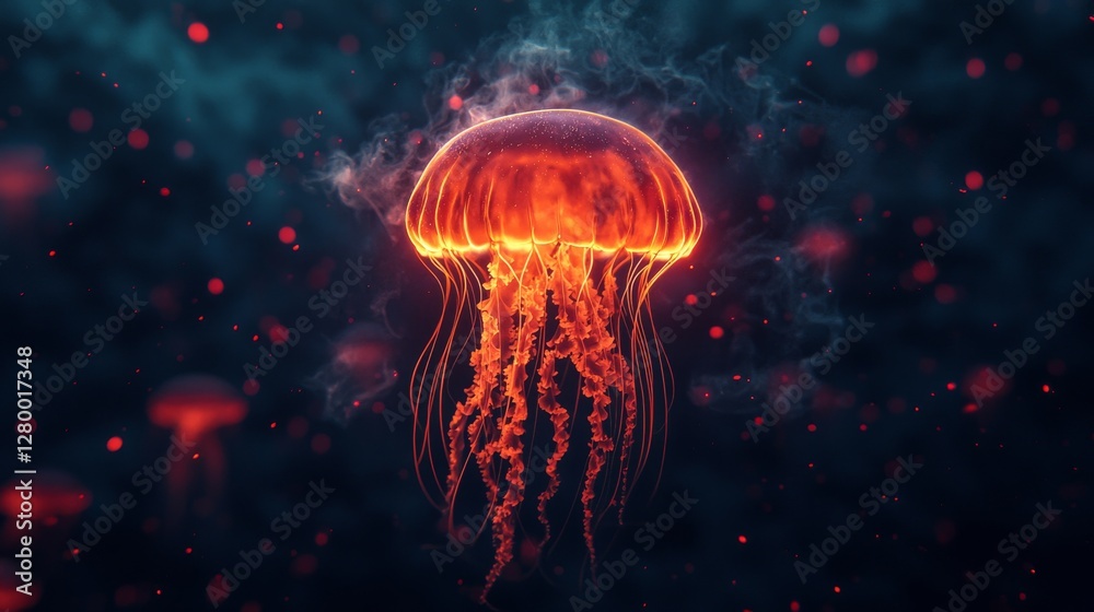 Fototapeta premium Surreal Floating Flaming Jellyfish in Ethereal Ocean Setting