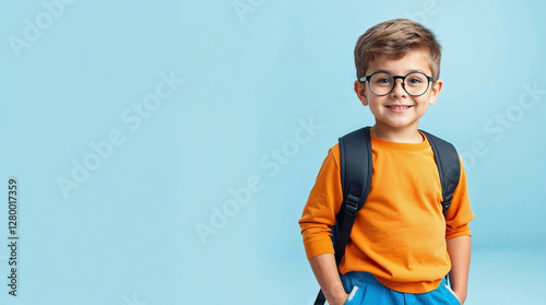 Happy schoolboy wearing glasses and backpack smiling at camera on light blue background photo