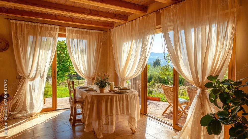 Fototapeta premium Cozy Dining Area with Natural Light and Elegant Sheer Curtains