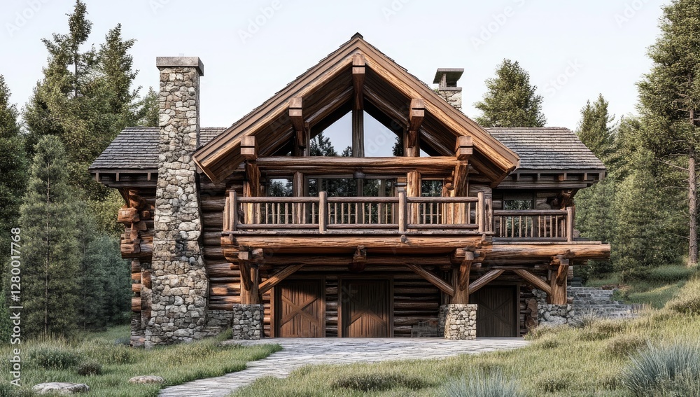 Rustic log cabin in forest, mountain scenery, exterior view Rustic log cabin in forest, mountain scenery, exterior view