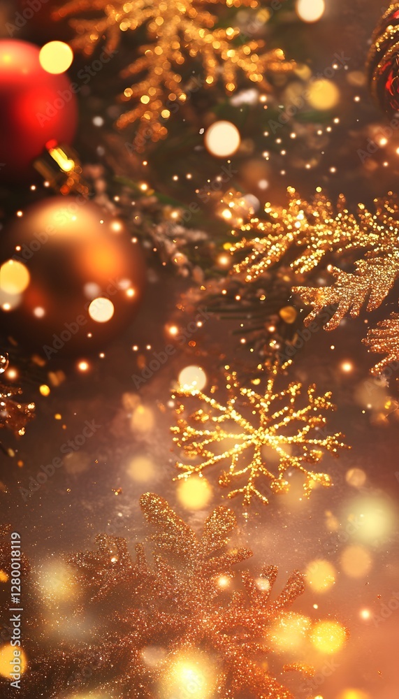 Naklejka premium Sparkling festive Christmas tree ornaments decorated with golden lights