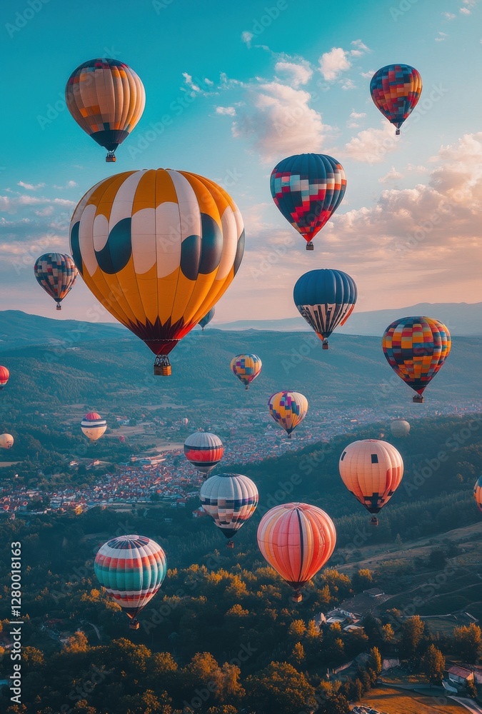 Obraz premium Colorful Hot Air Balloons Floating Over Scenic Valley at Sunset with Scenic Views of the Town in the Background and Dramatic Sky Above