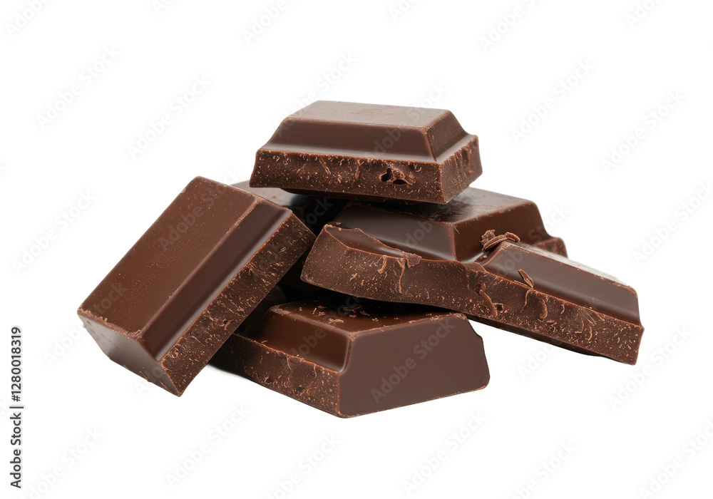 A pile of dark chocolate chunks with rough, broken edges and scattered crumbs, isolated on a white background A pile of dark chocolate chunks with rough, broken edges and scattered crumbs, isolated on a white background