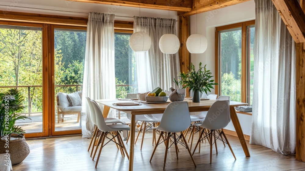 Fototapeta premium Bright and Modern Dining Room with Natural Light and Elegant Decor