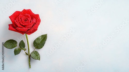Single Red Rose with Water Droplets on Light Textured Background Elegant Floral Photography for Romantic Designs