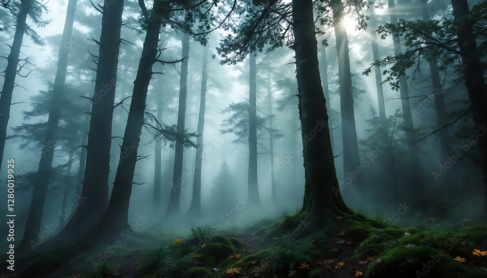 Obraz premium Enchanted Foggy Forest: A Mystical Journey Through Tall Trees
